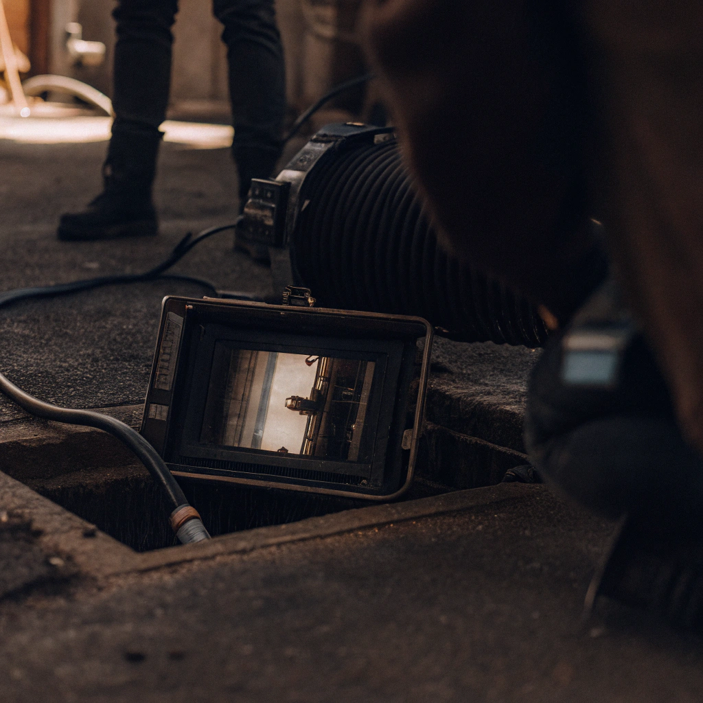 CCTV drain inspection - technician reviewing camera footage at West Midlands property