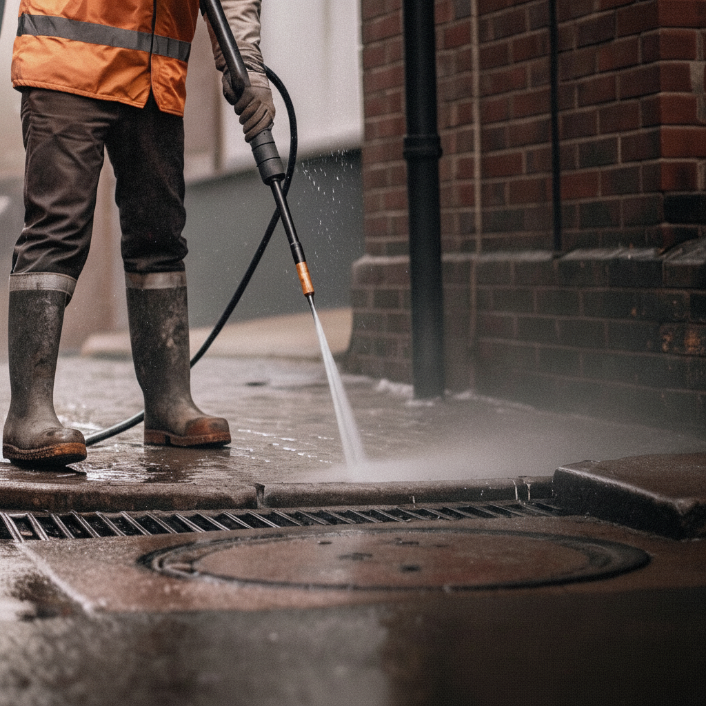 Professional drain cleaning with high-pressure equipment at West Midlands home