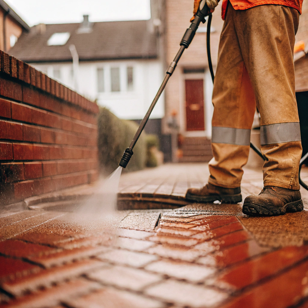 High-pressure water jetting clearing blocked drain on residential driveway in West Midlands
